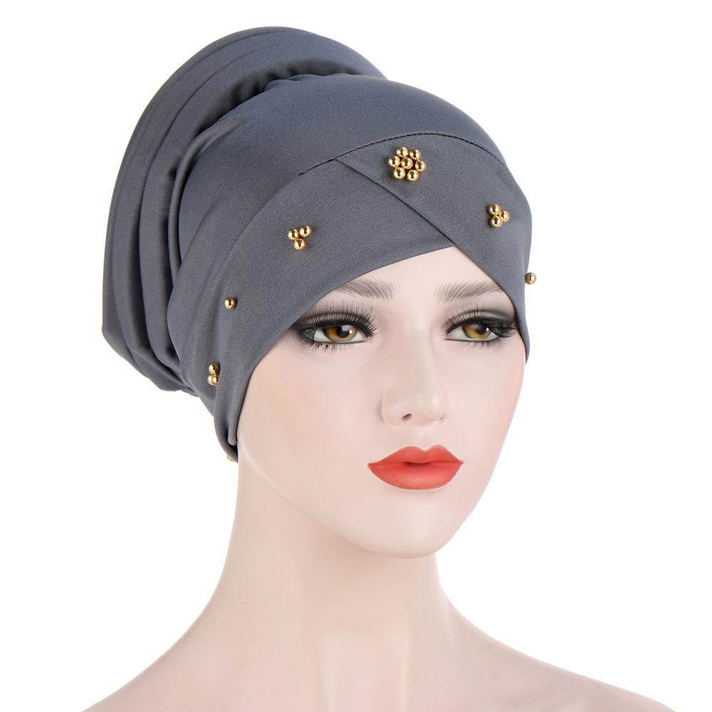 Turbante con cuentas, Turbante elástico musulmán para mujer, gorro interior hiyab cruzado para la frente, gorro árabe para envolver la cabeza, gorros para Hijab: 3