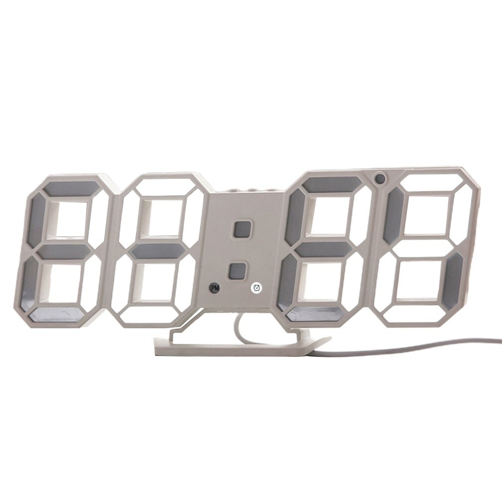 3D Electronic LED Wall Clock Modern Voice Control Digital Table Nightlight Display Hanging Alarm Clock Home Living Room Decor: White-gray
