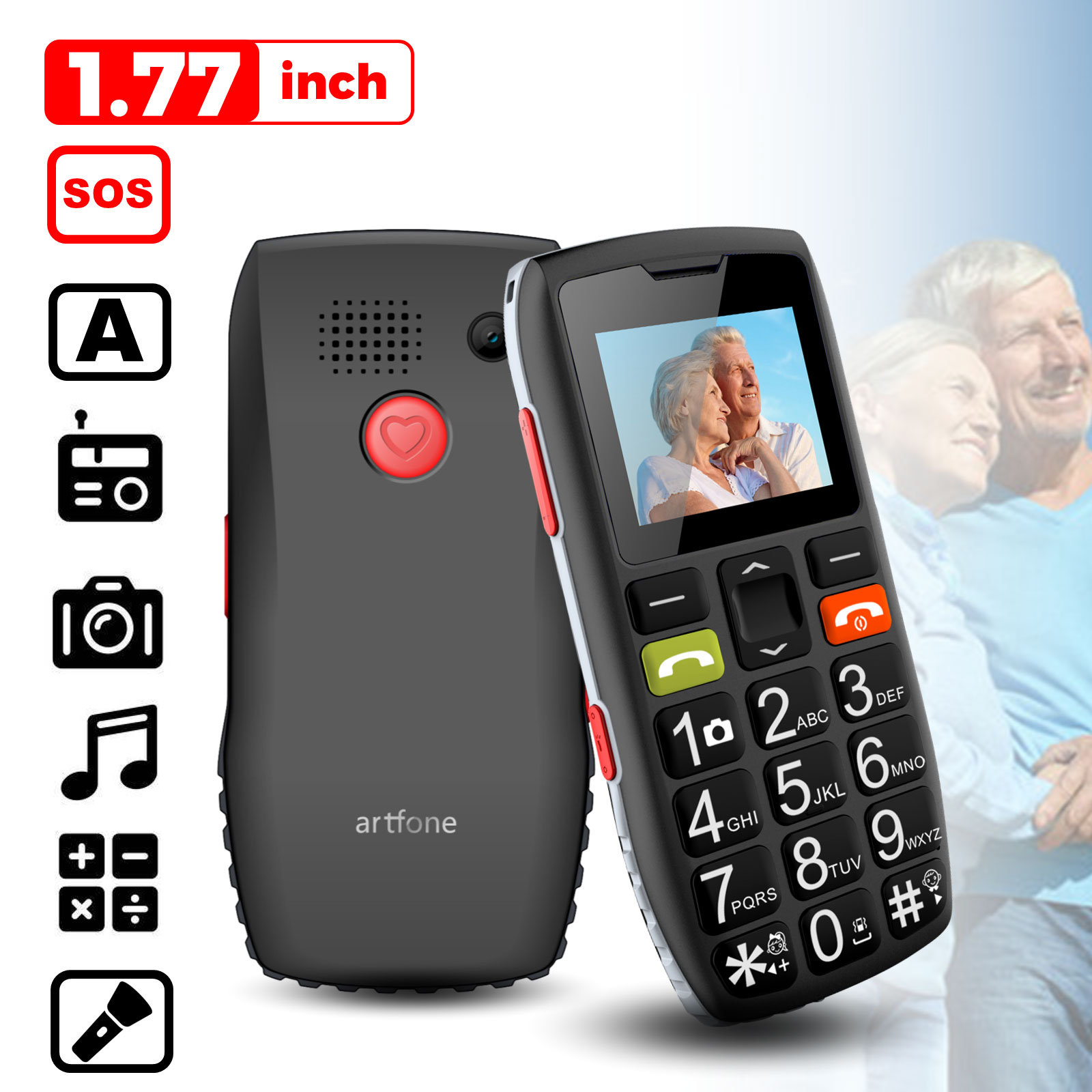Téléphone portable Artfone C1 + avec chargement gratuit, téléphone portable S6 C1, grand clavier en caoutchouc pour les touristes, Sim One Key, SOS, FM, 1400mAh