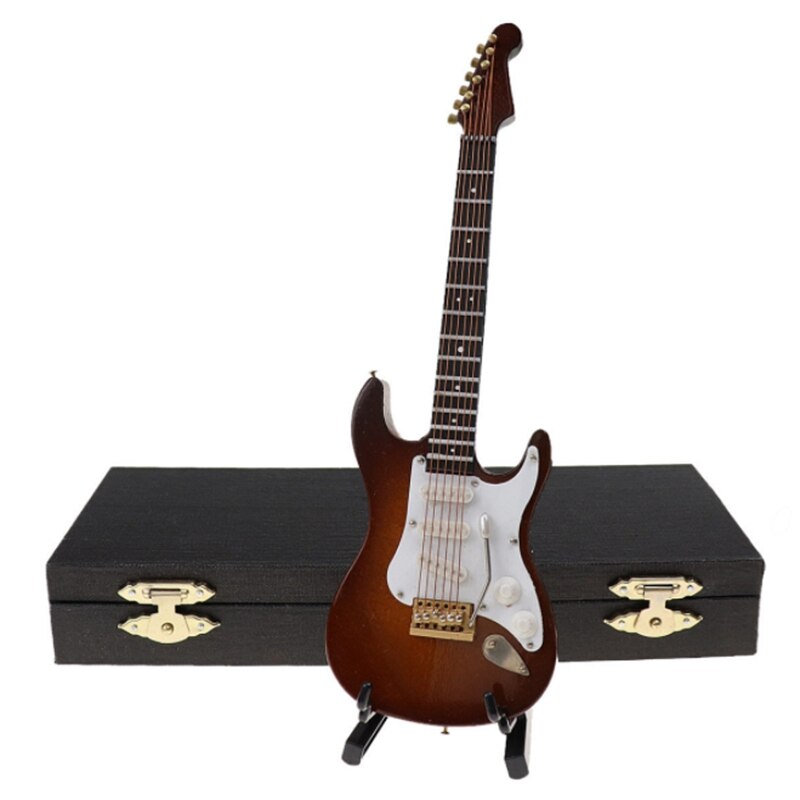 Houten Miniatuur Elektrische Gitaar Met Stand En Case Mini Muziekinstrument Miniatuur Poppenhuis Model 14Cm: brown