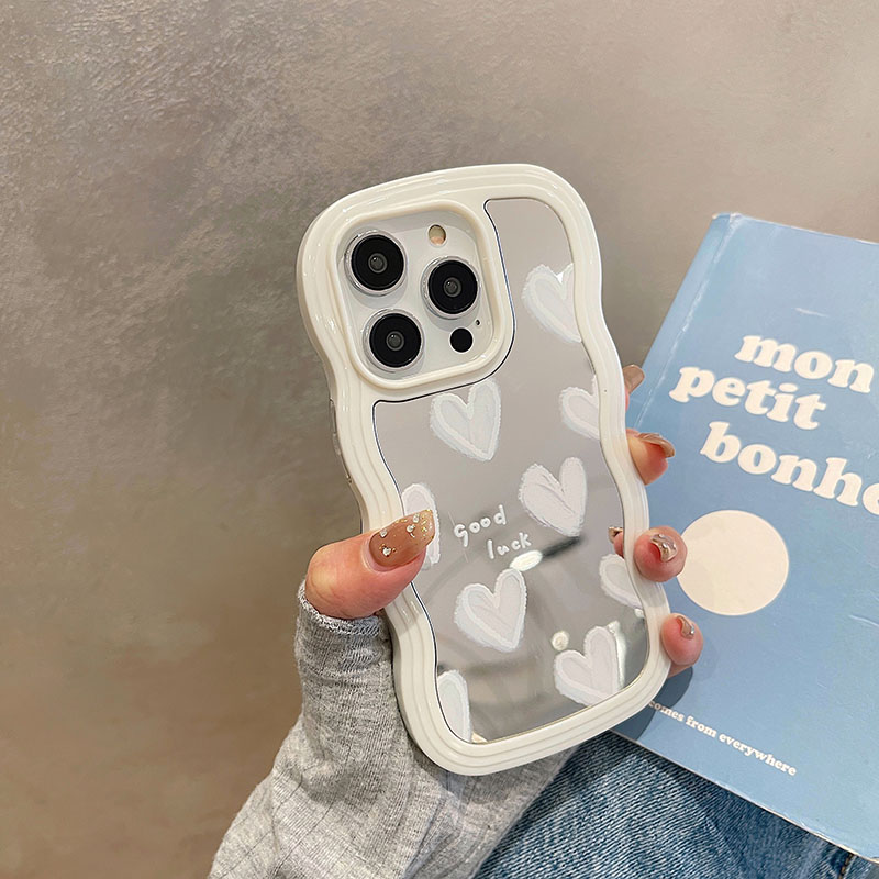 Funda coreana con espejo de maquillaje de corazón blanco encantador para iPhone 14 15 16 Pro Max 13 11 12 14 Plus XS X XR cubierta suave a prueba de golpes