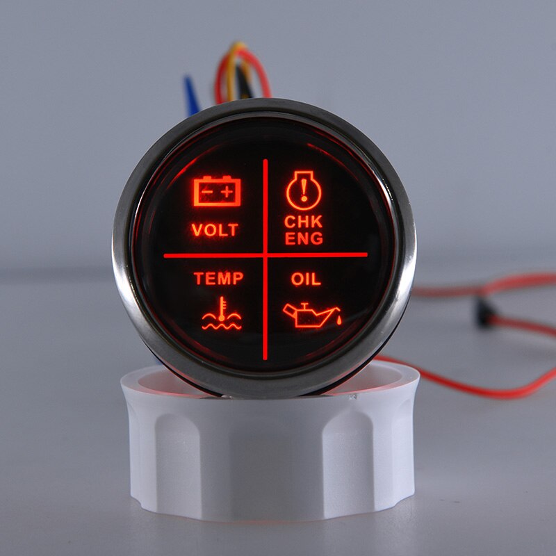 52 mm Waterproof Alarm Gauge Volt/Oil Pressure/Water Temp/Check Engine 4 LED Alarm Indicator Gauge fit Marine Boat Car 12~24 V
