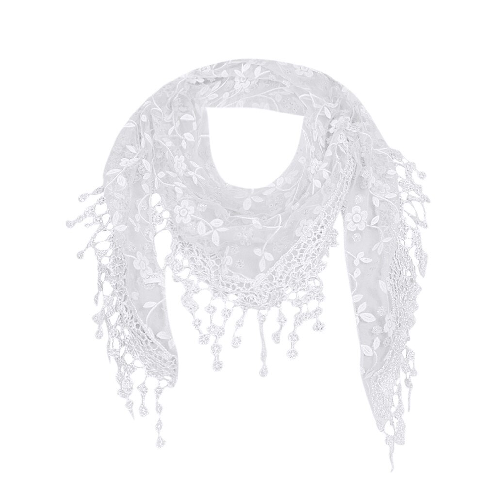 Women Lace Solid Color Scarf Lady Sheer Floral Scarf Shawl Wrap Tassel Scarf Panuelos De Mujer Para El Cuello Femme #T1P: White