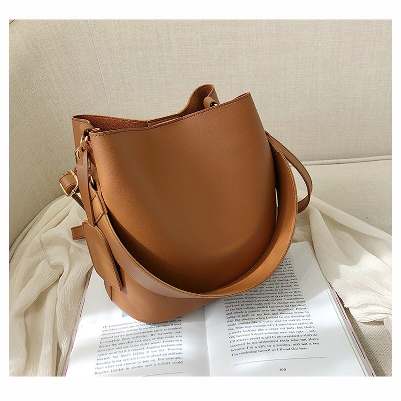 Sac à bandoulière en couleur unie pour femmes, sac en seau de grande capacité, sac à épaule coréen, nouvelle tendance,: brown