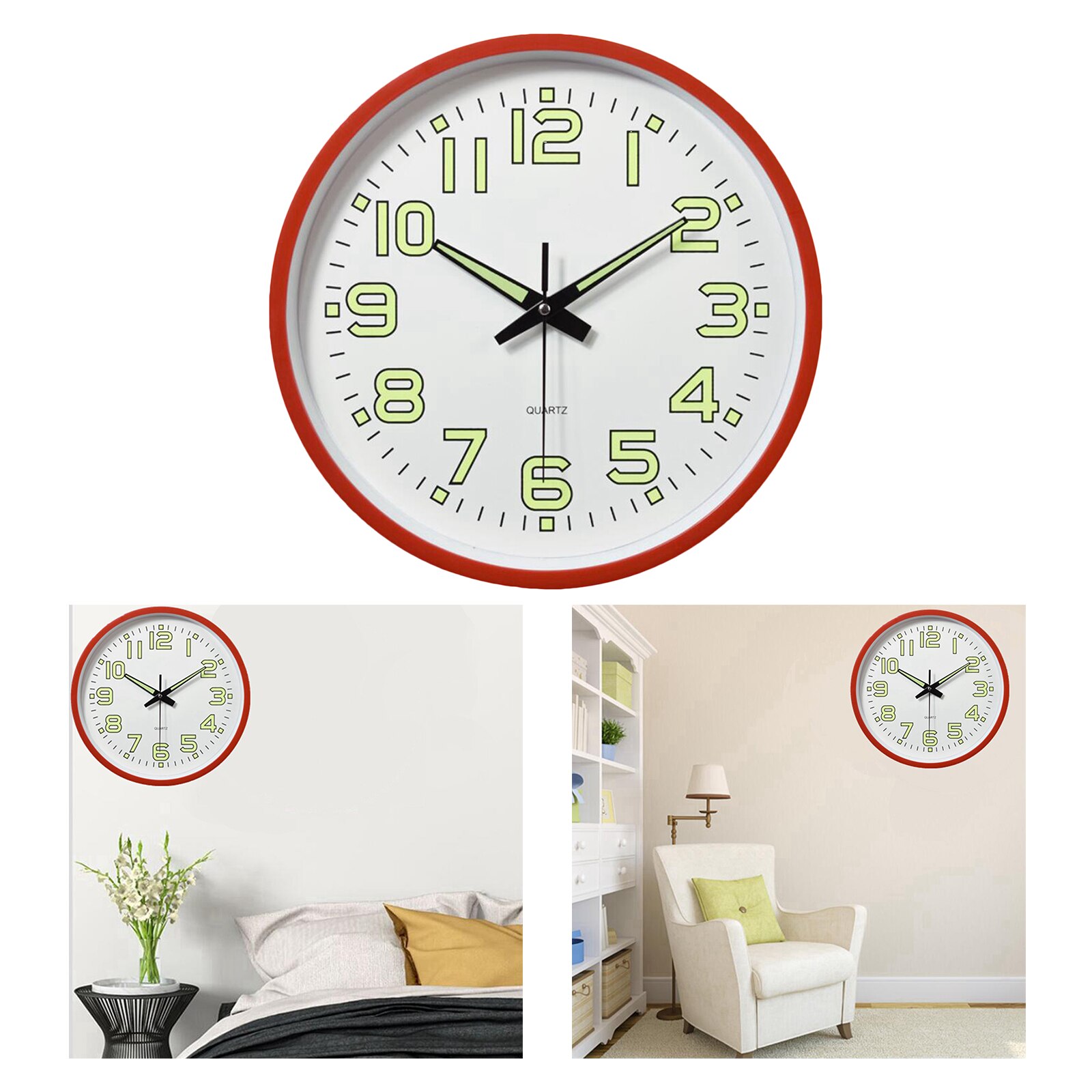 12 Inch Wall Clock with Night Light Large Display Quartz Wall Clocks for Indoor/Outdoor Living Room: Red
