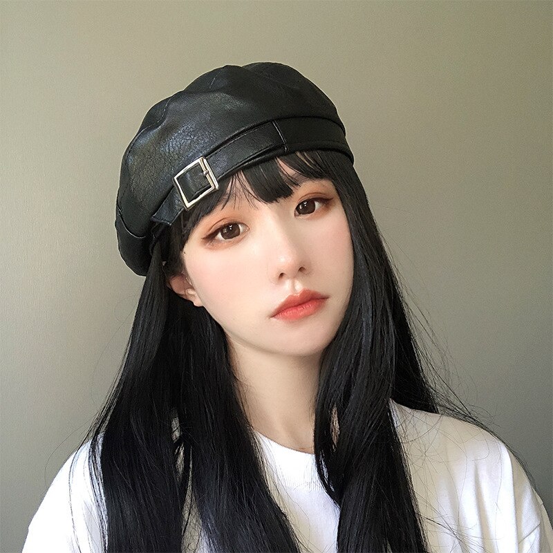 Béret en cuir Pu pour femme K186, chapeau rétro à boucle en fer, casquette de peintre sauvage, octogonal, Kepi, chapeau d&#39;automne