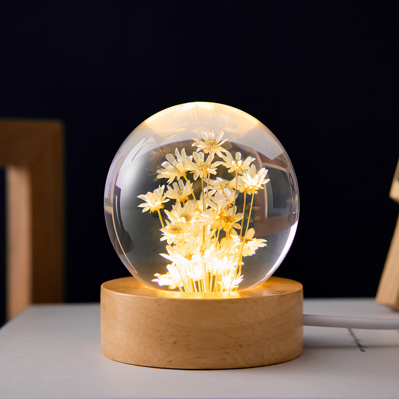 Bola de cristal de diente de león 3D, 5cm, 6cm, luminosa, de flores de inmortalidad, bola de cristal, soporte de madera, Base, bola de esfera de flor preservada: Azul marino