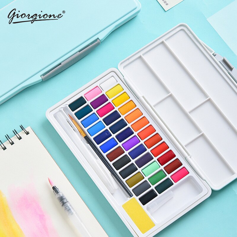 Giorgione Solid Watercolor Pigments Set 24/36/48 Colors Student Portable With Water Brush Hook Pens School Painting Art Supplies