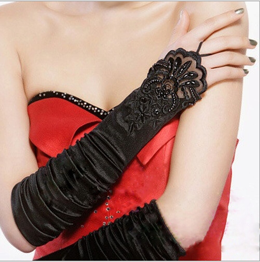 1 Pair Women Bride Long Lace Arm Elbow Gloves Lace Fingerless Gloves Black White