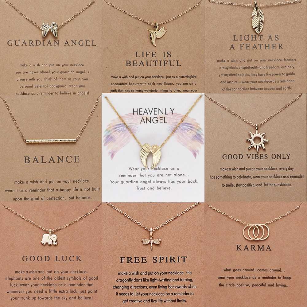 Mode Make A Wish Card Ketting Sieraden Goud Kleur Uil Veer Olifant Vleugel Eenhoorn Vlinder Hart Hanger Vrouwen Bijoux