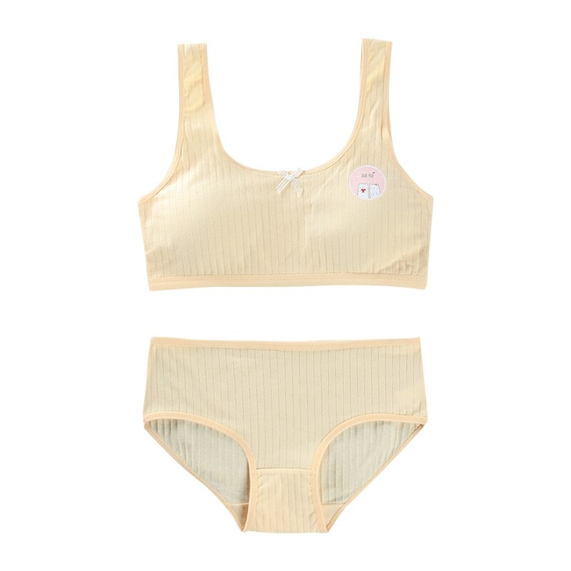 Set di biancheria intima sportiva per ragazze 2 pezzi per adolescenti a costine con stampa a orso carino dolce Bowknot imbottito reggiseno da allenamento senza fili e abbinamento ciao