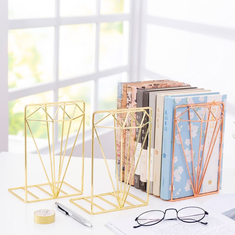 Diamond Shaped Metal Bookends Desk Organizer Book Support Stand Storage