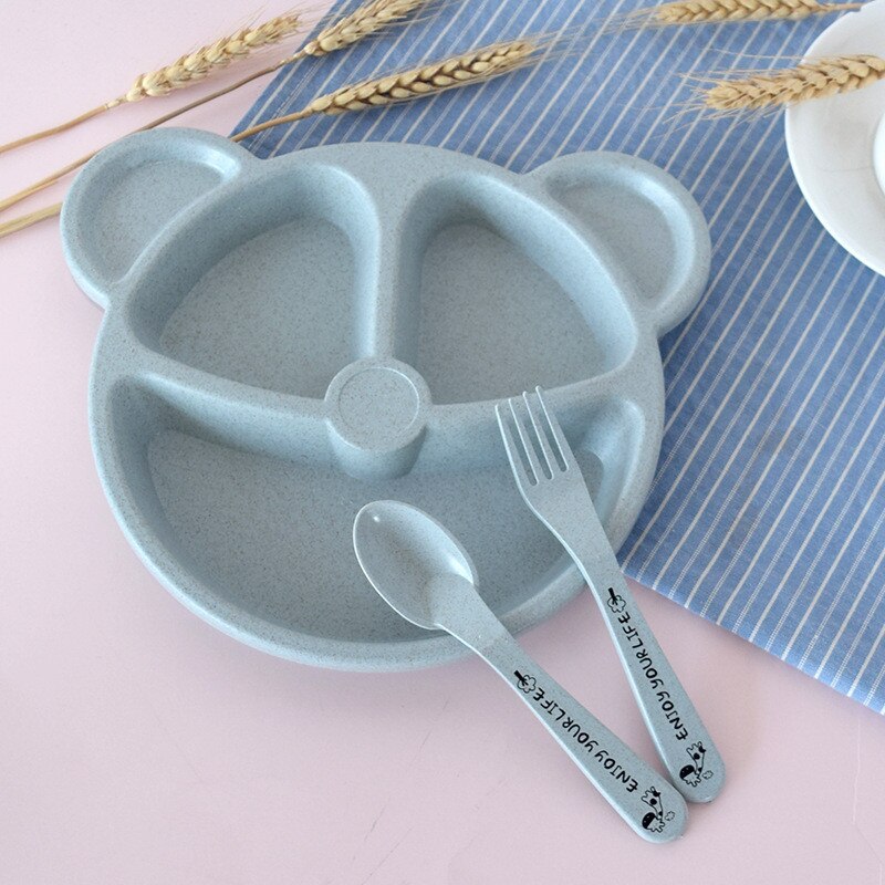 Baby bowl+spoon+fork Feeding Food Tableware Set Cartoon Bear Kids Dishes Eating Dinnerware Anti Wheat Straw Training Plate
