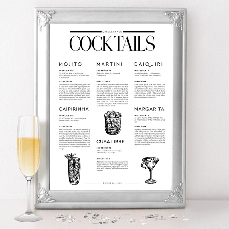 Handtekening Dranken Cocktail Poster Nordic Wall Art Print Cocktail Poster Wijn Winkelwagen Art Dorm Decoraties Retro Poster Kraftpapier