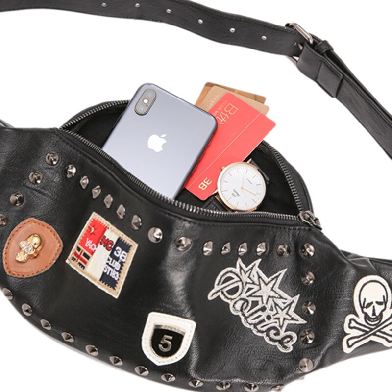 Popular sacos crossbody homem designer masculino couro do plutônio rebite decoração sacos de peito moda rock punk impressão masculino cintura saco