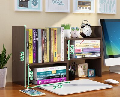Wooden Desk Organizer Stationery Students Simple Wooden Bookshelf Office School Mini Bookcase Desktop Rack With Screwdriver: black wood color