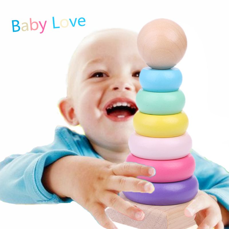 Warm Color Rainbow Stacking Ring Tower Stapelring Blocks Wood Toddler Baby Toys