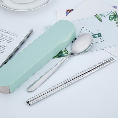 Tableware Reusable Travel Cutlery Set Camp Utensils Set with stainless steel Spoon Fork Chopsticks Straw Portable case: green
