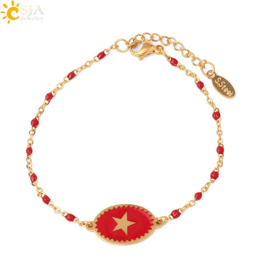 CSJA, pulsera de acero inoxidable para mujer, colgante de estrella esmaltada, cadena de eslabones de Color dorado con cuentas, delicado Delgado, pulseras Inoxydable Acier S718: Deep Red