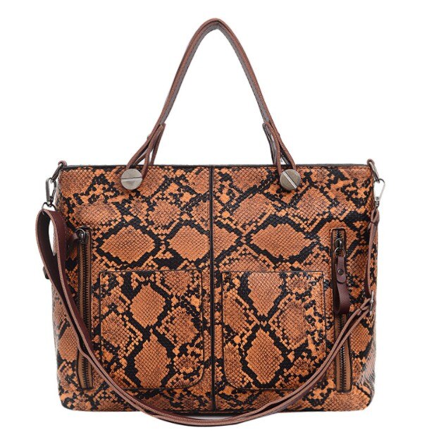 Slangenprint dames schoudertas europees amerikaans eenvoudig grote tote slang tas grote handtas: Geelbruin