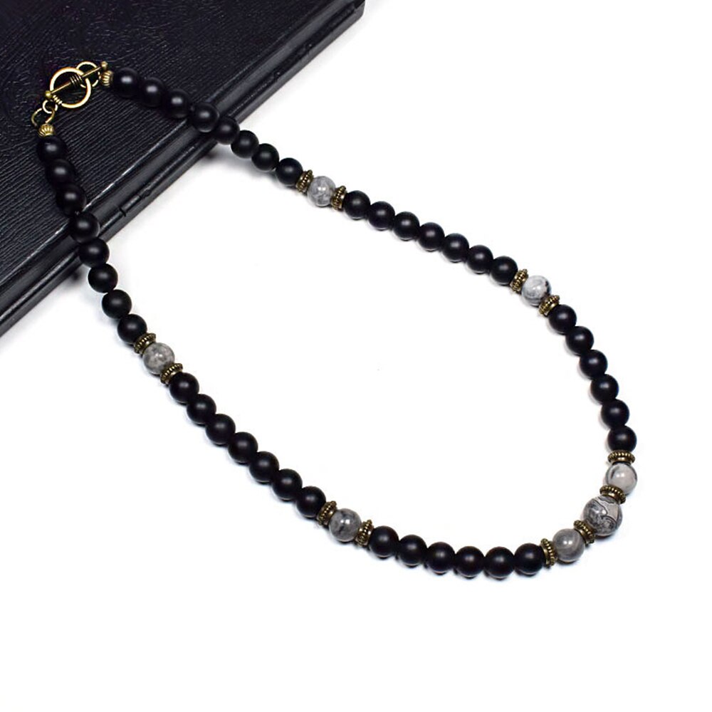 Men's Retro 8mm Round Bead Necklace Alloy charm ot buckle accessories natural stone original jewelry short necklace for men