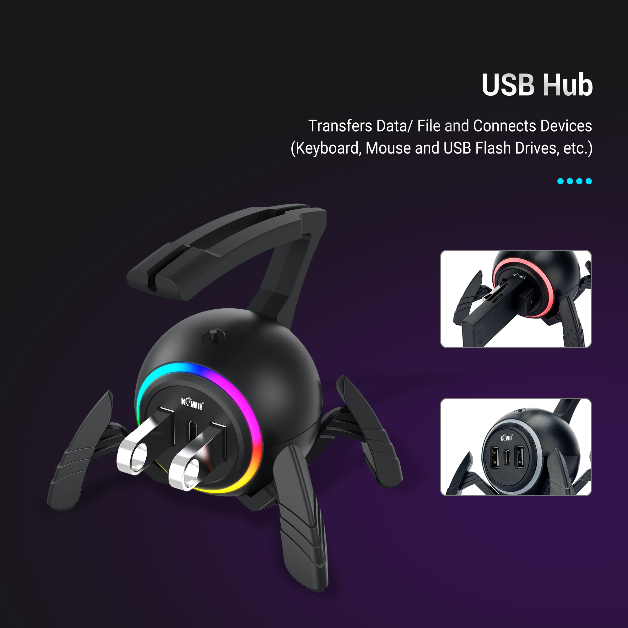 Muis Bungee Muis Kabelhouder Snoerclip Draadorganizer Flexibel voor muizen die Esports Gaming spelen met 3 USB-poorten en RGB-licht