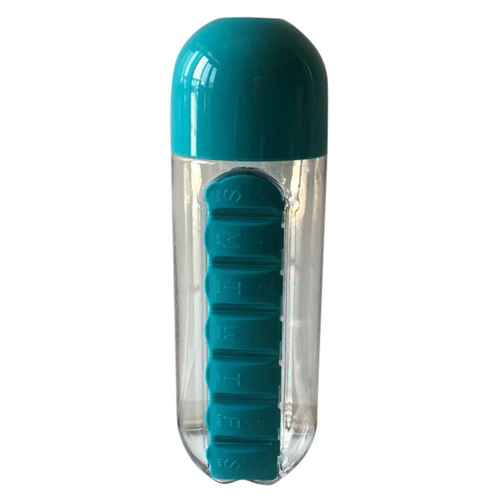 501-600 ml Water PC Fles Met Pillendoos 7 Dag Organizer Drinken Flessen Water Fles Reizen Draagbare 1 stuks: Blauw