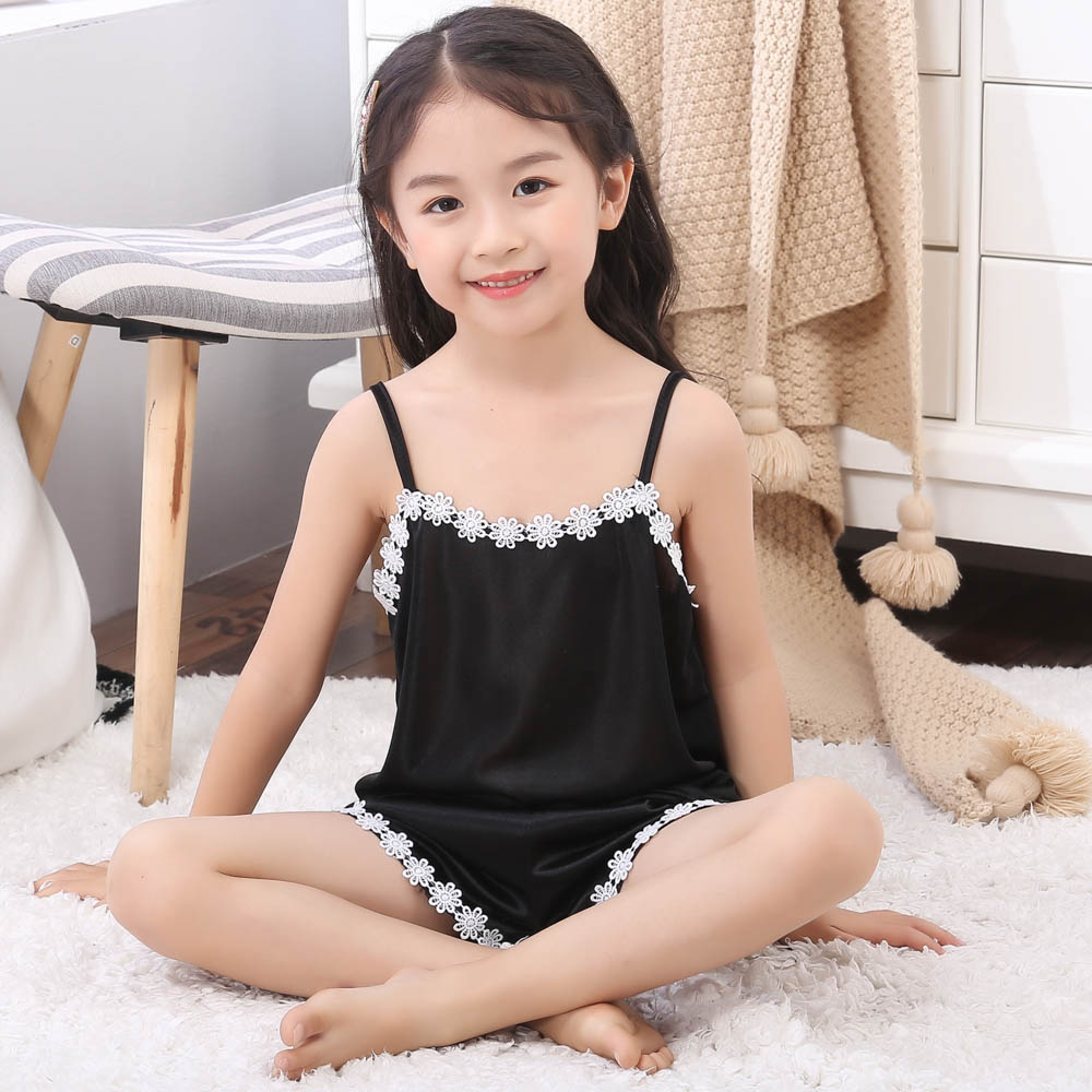 Summer Girl&#39;s Satin Pajamas 2 to 3 4 5 6 7 8 9 10 11 12 Years Baby Girl Camisole+Shorts Silk Sleepwear Set Red Kids Home Clothes