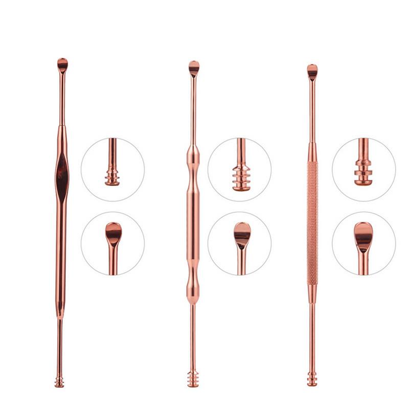 3 stks/set Rvs Oor Pick Double-ended Earpick Wax Remover Oor Cure Cleaner Lepel Oor Spiraal Schoonmaken Tool