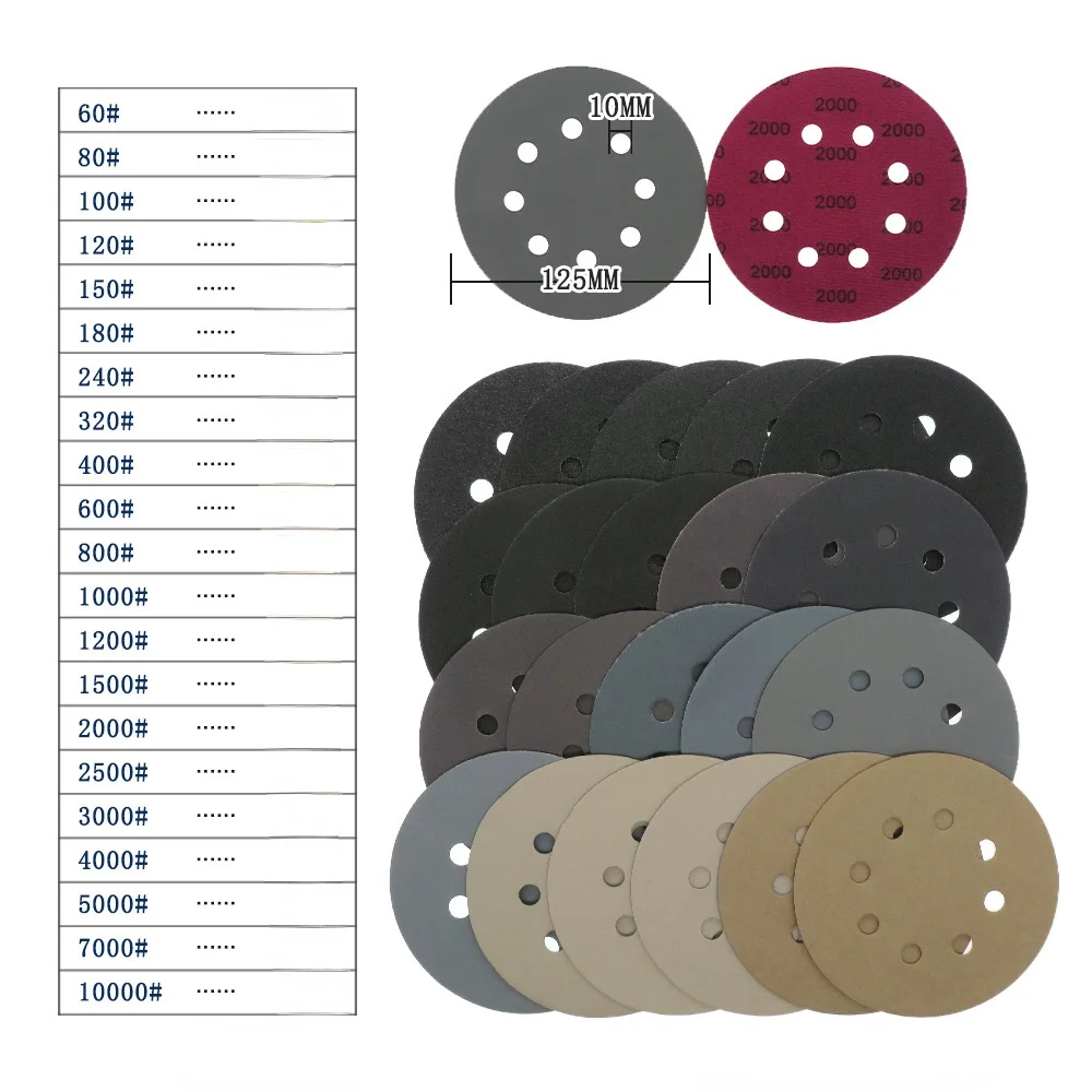 5inch Sandpaper 60-10000 grit Round Shape Sanding Discs Hook Loop Sanding Paper 125mm Buffing Sheet Sandpaper 8 Hole Sander Pad