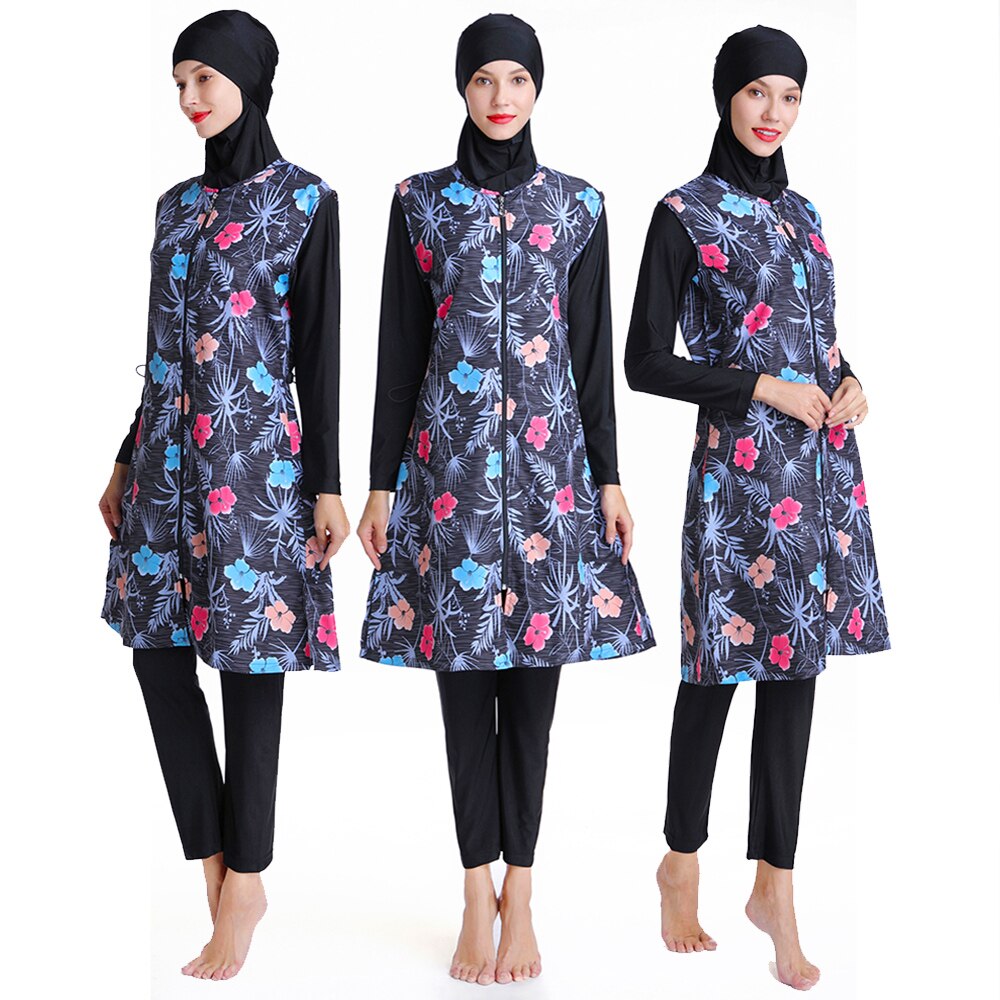 HAOFAN costumi da bagno musulmani da donna costumi da bagno a copertura lunga con stampa floreale floreale Hijab Burkinis islamico costumi da bagno nuoto costume da bagno 3XL