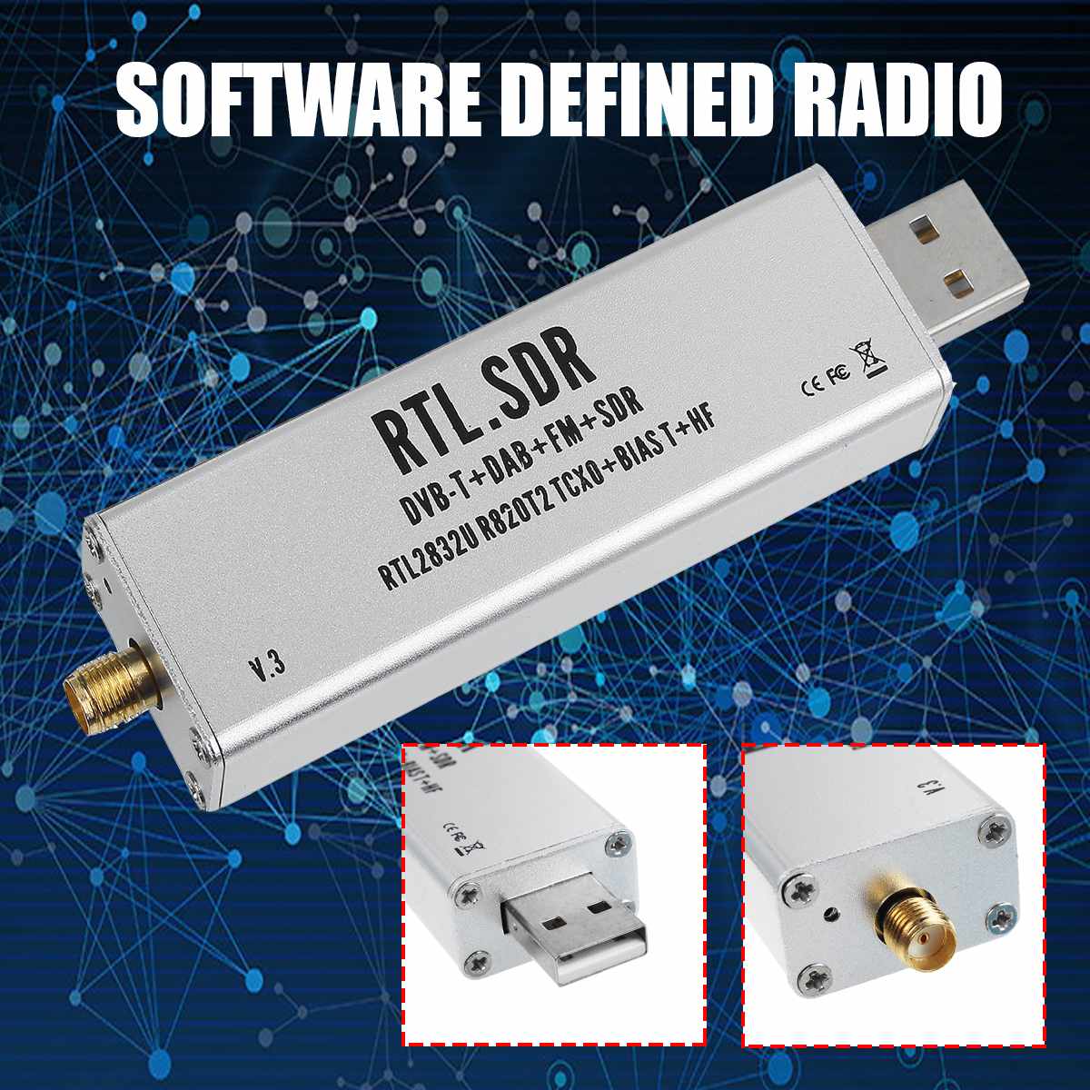 0.1MHz-1.7GHz TCXO RTL SDR Receiver R820t2 USB RTL-SDR Dongle with 0.5ppm TCXO SMA MJZSEE A300U Tester