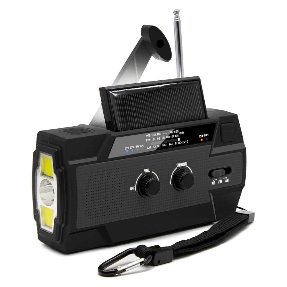 Multifunctional Radio Hand Crank Solar Crank Dynamo Powered AM/FM/WB Weather Radio with Led Lights 4000 MAh Power Bank SOS: black