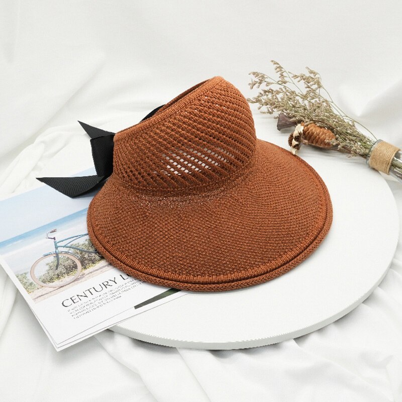 Sombreros de Sol para mujer, sombrero de paja plegable con lazo clásico, de ala grande, informal, para playa al aire libre, protección UV, para verano: Marrón