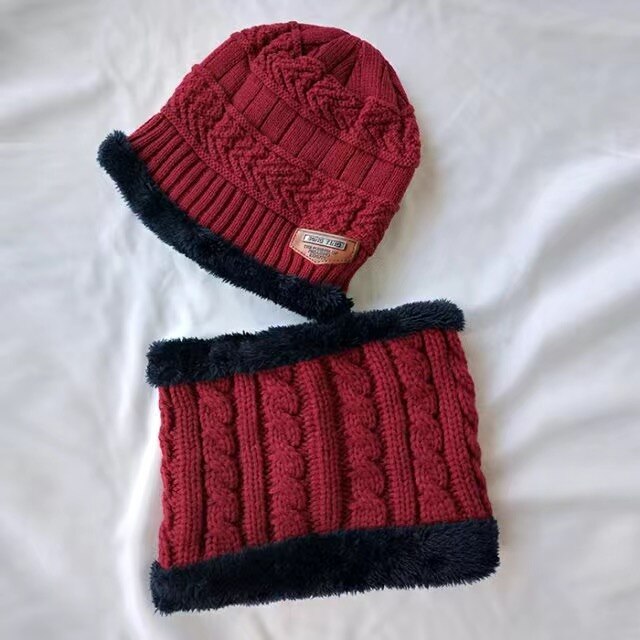 Conjunto de gorro de invierno para niños y niñas, bufandas, gorras gruesas y collares, gorros de bebé bonitos de 1 a 10 años, otoño: Borgoña
