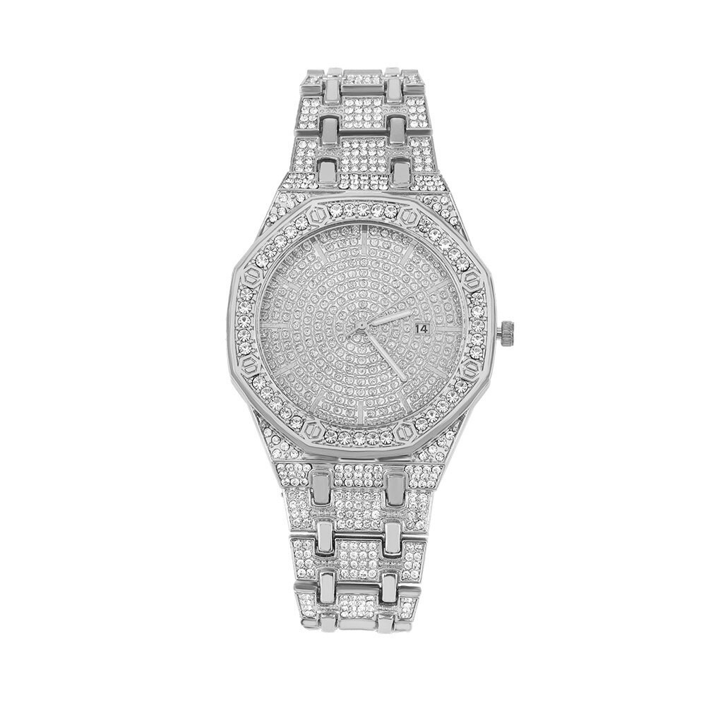 Hip Hop Ice Out Watch Mens Watches Iced Out Stainless Steel Quartz Wristwatches Waterproof Watches For Men Charm Jewelry: SLIVER