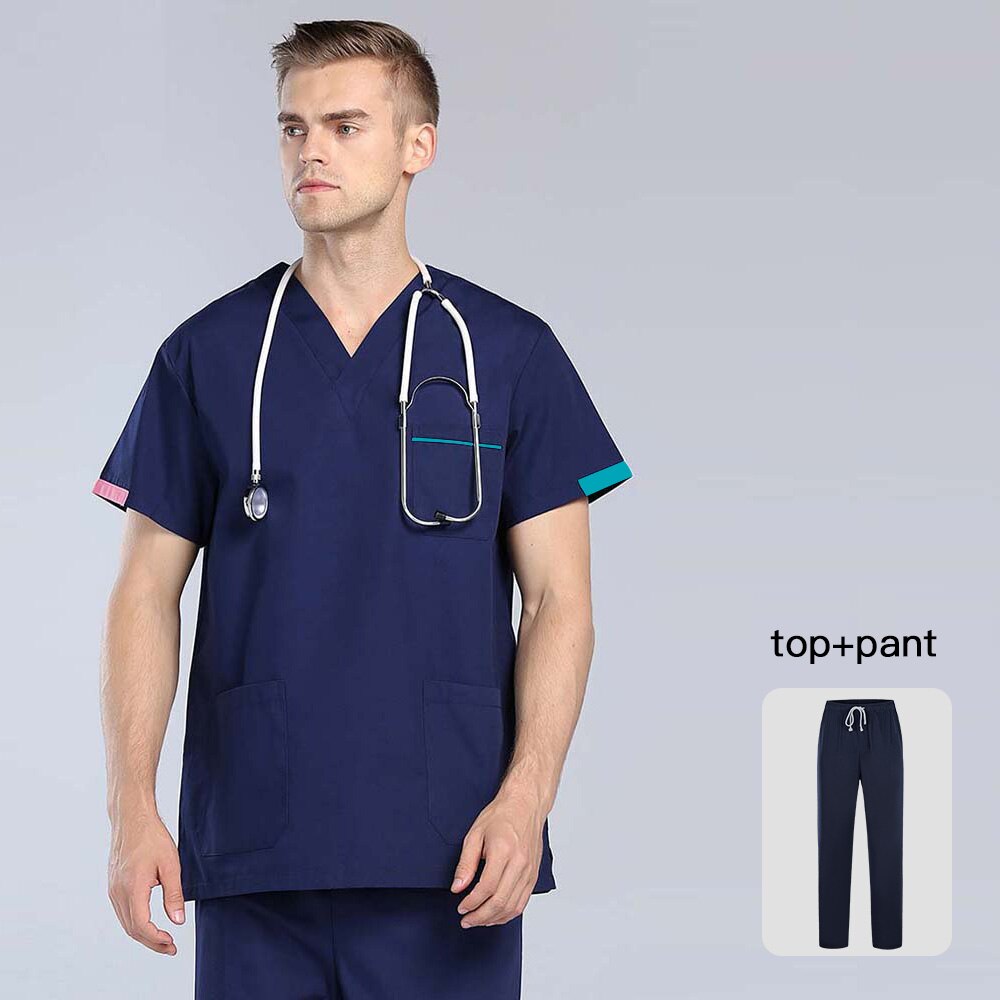 Männer Peelings Eingestellt Sommer Kurzarm V-ausschnitt Spa Uniform Hundesalon Agentur Schönheit Salon Arbeiter Kleidung Pflege Matt Tops Hosen: Dark blue / S
