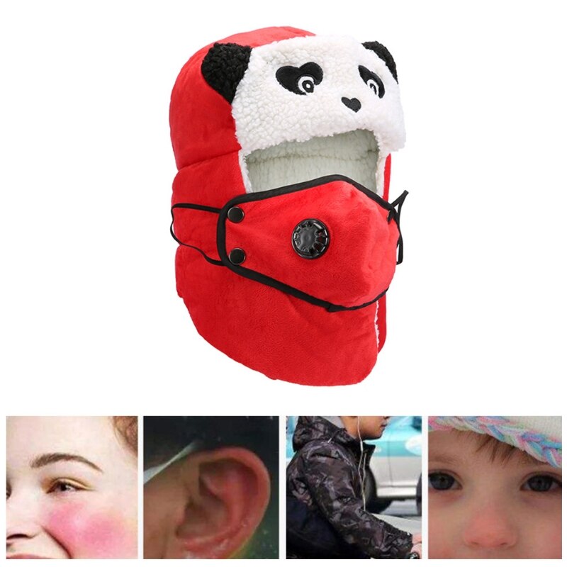Gorro de invierno con estampado de oso Panda, gorro de lana de imitación con solapa y máscara