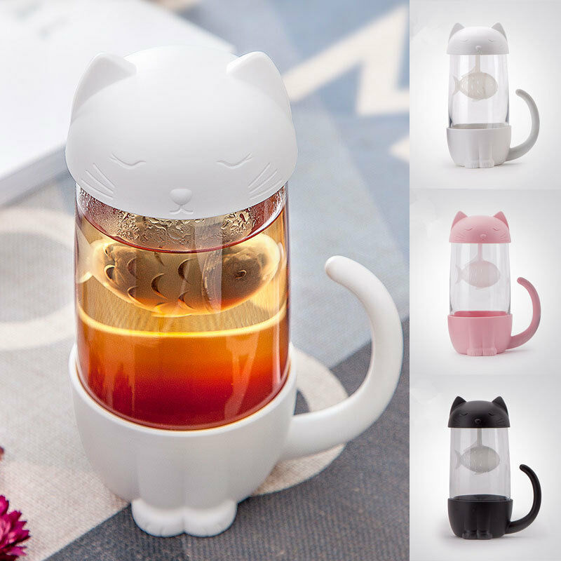 Sød kat glas kop te krus med fisk infusionsfilter filter hjemmekontorer filter kop tegneserieflasker