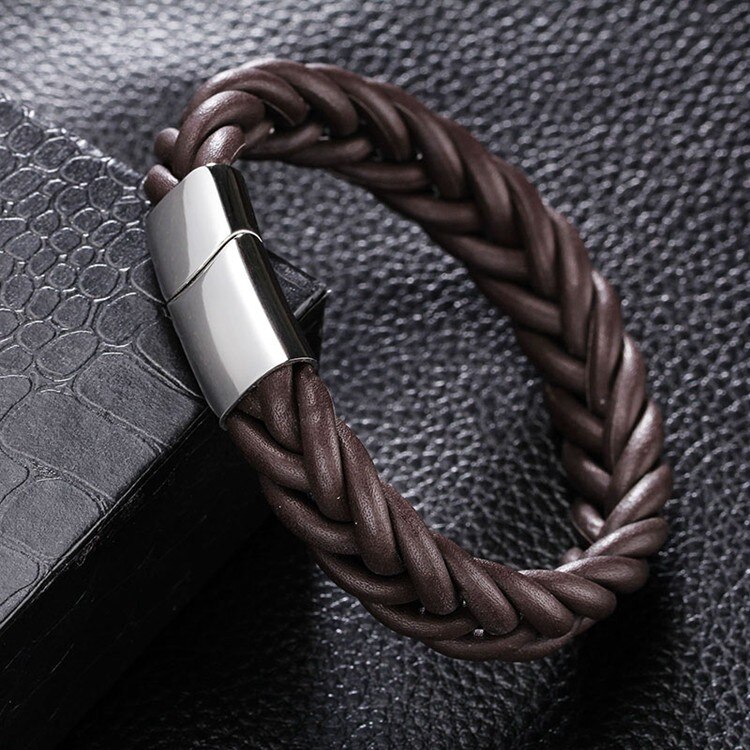 Charm mannen Armband 12mm Gevlochten Lederen Armband mannen Roestvrij Stalen Gesp Sieraden mannen Lederen Sieraden: Rhodium Plated / 21cm