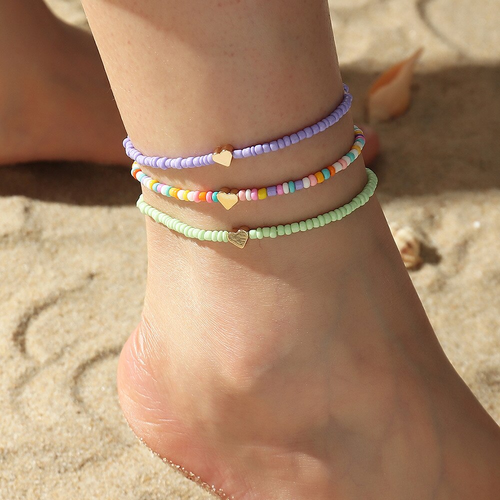 Boho Candy Beads Charm Multilayer Anklets Star Butterfly Key Pendant Handmade Foot Chain Bracelet Barefoot Beach Jewelry Bijoux: FZ0157