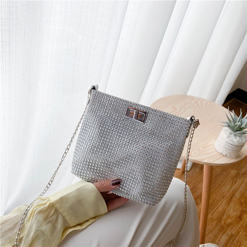 Diamanten Crossbody-tasche Für Frauen Neue PU Leder Elegante Schulter Taschen Kette Sommer Dame Eimer Umhängetasche: WK-7682-silber-