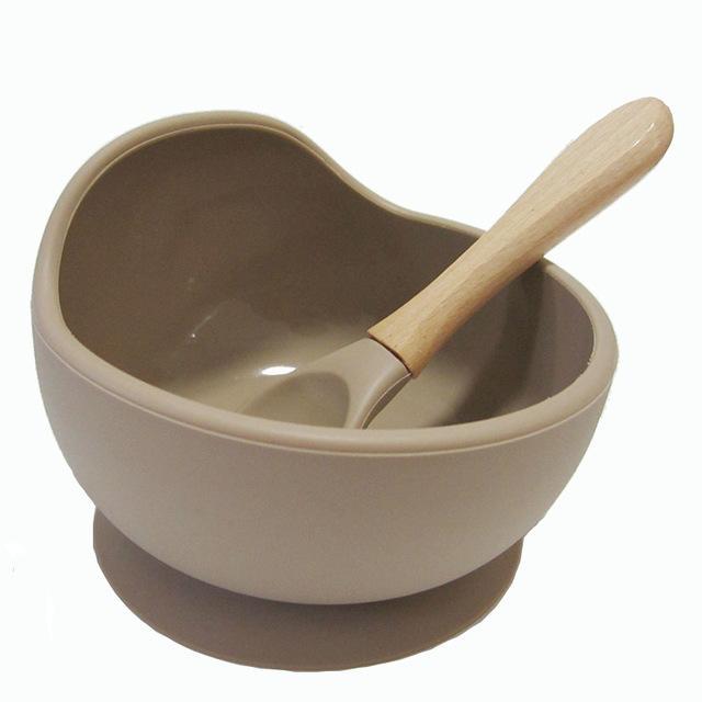 Baby siliconen voedingsset houten lepel zuigkom babybord kinderen peuterhulp servies bpa-vrij siliconen babyverzorging: Taupe