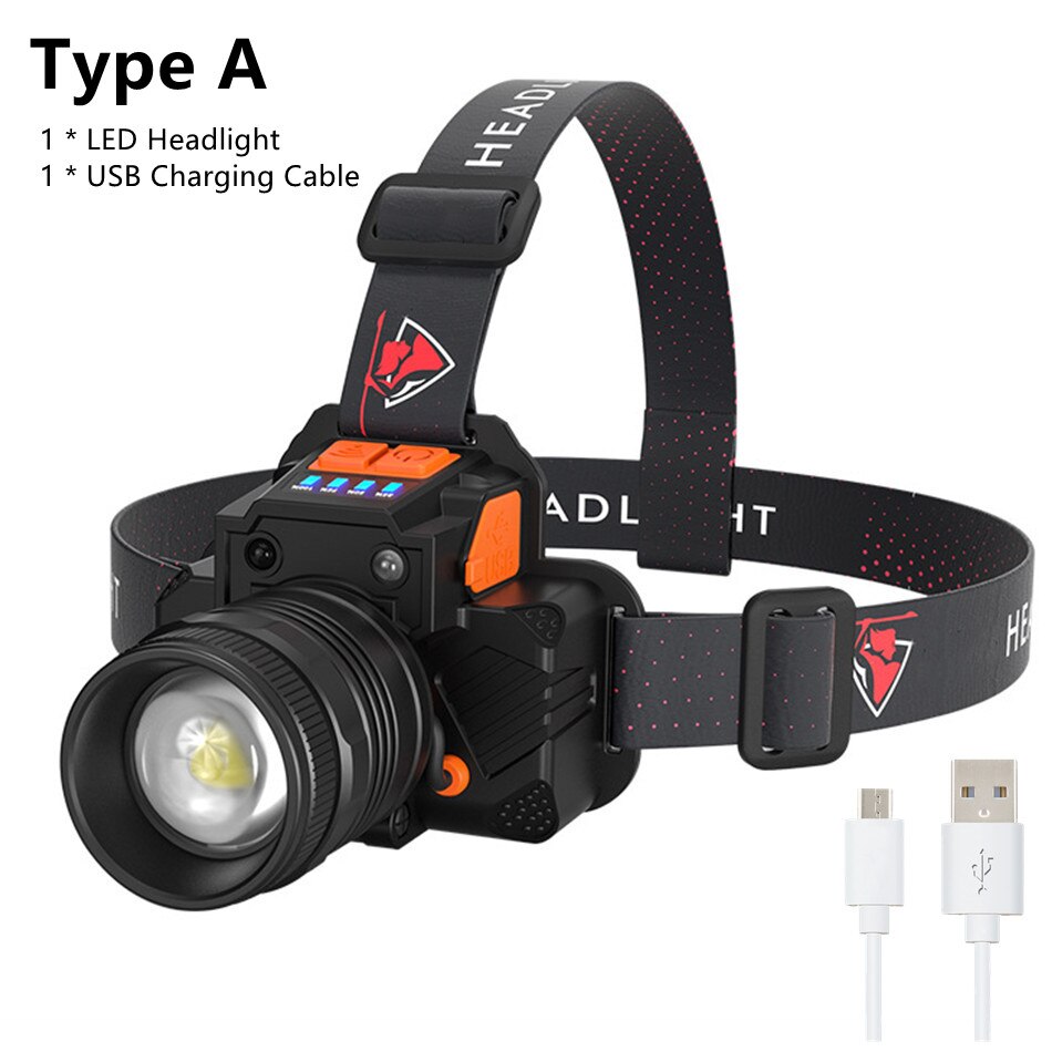 LED Headlamp Rechargeable Headlight 800 Lumen Sensor Waterproof Head Lamp 3 Modes Adjustable Headband Flashlight: Type A