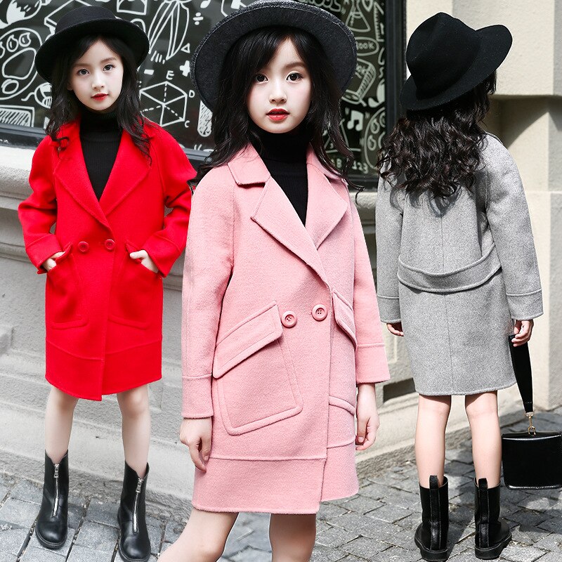 Girls Wool Winter Coats Double breasted Children's Trench Jackets Thick Warm Velvet Girl Coats Outwear Kids Clothing