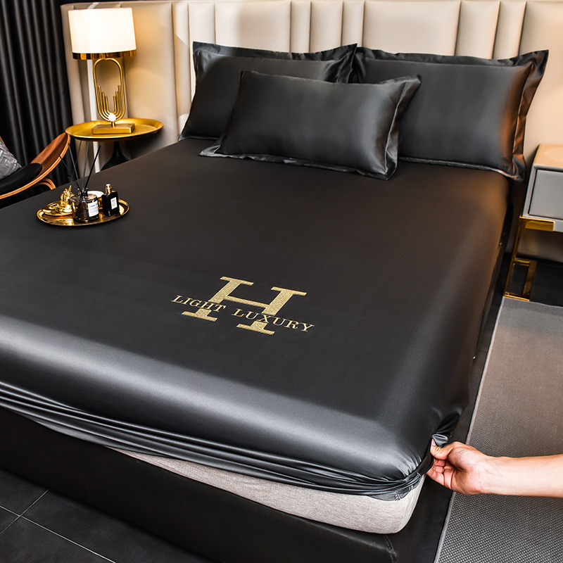 High-end Satin Fitted Sheet with Elastic Band Solid Color Silky Bed Sheet Smooth Non-Slip Mattress Cover Bedspreads Bed Linen