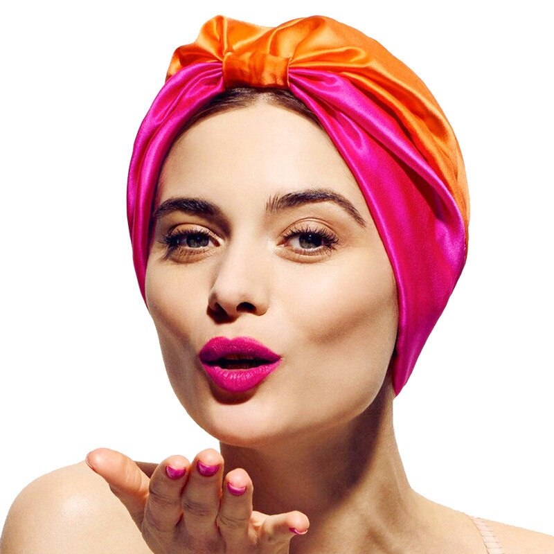 El doble capa elástica tapa de cuidado del cabello de turbante sombrero de seda sintética noche gorra para quimioterapia sombrero