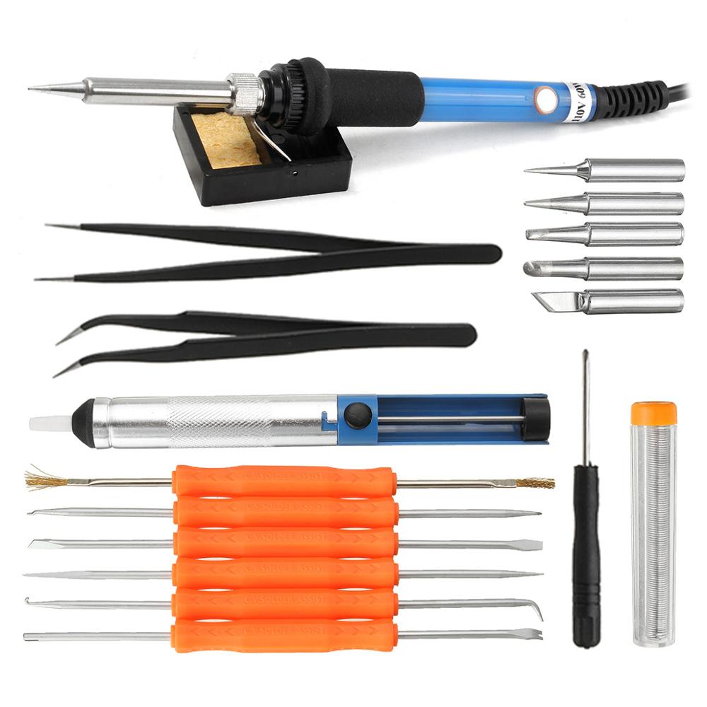 60W Adjustable Temperature Electric Soldering Iron Kit+5Pcs Tips Stand Holder Tweezers Portable Welding Repair Power Tools Set