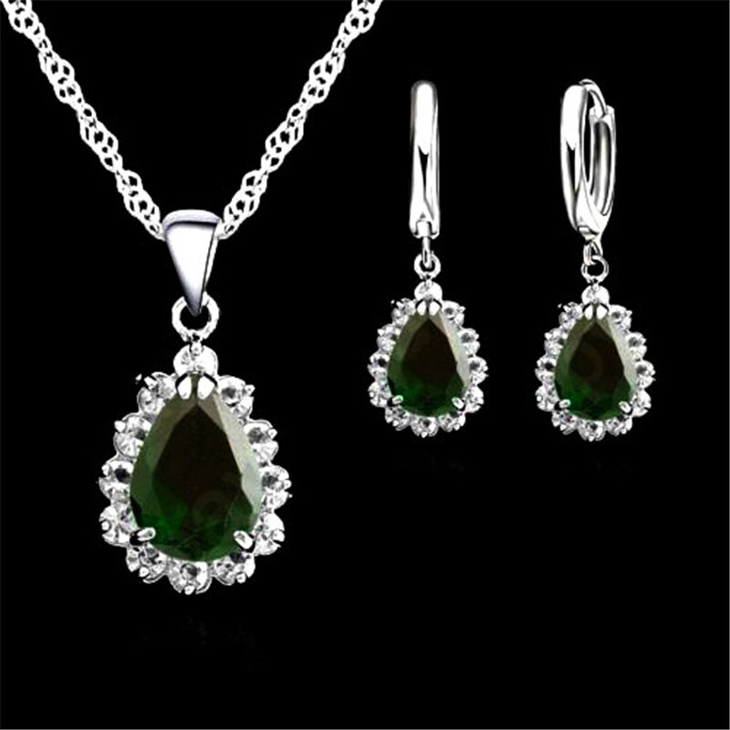 925 Sterling Silver Earrings Necklace Sets Pink/Blue/Gray/Red/Green/Purple Drops Water The Crystal For Women Wedding: Dark Green