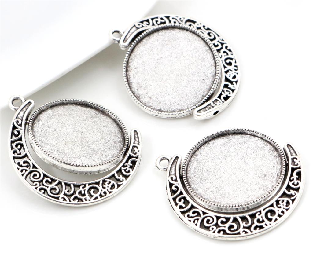 5pcs 18mm 25mm Inner Size Moon Rotation Double Side Antique Silver Plated 7 Colors Cameo Cabochon Base Setting Charms Pendant